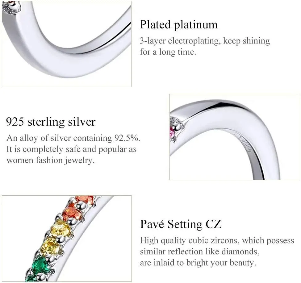 Fashion Rainbow Stackable Ring 925 Sterling Silver Circle Ring Pave Sparking CZ Birthday Gift for Women