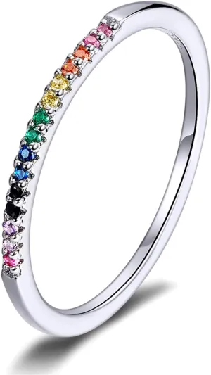 Fashion Rainbow Stackable Ring 925 Sterling Silver Circle Ring Pave Sparking CZ Birthday Gift for Women