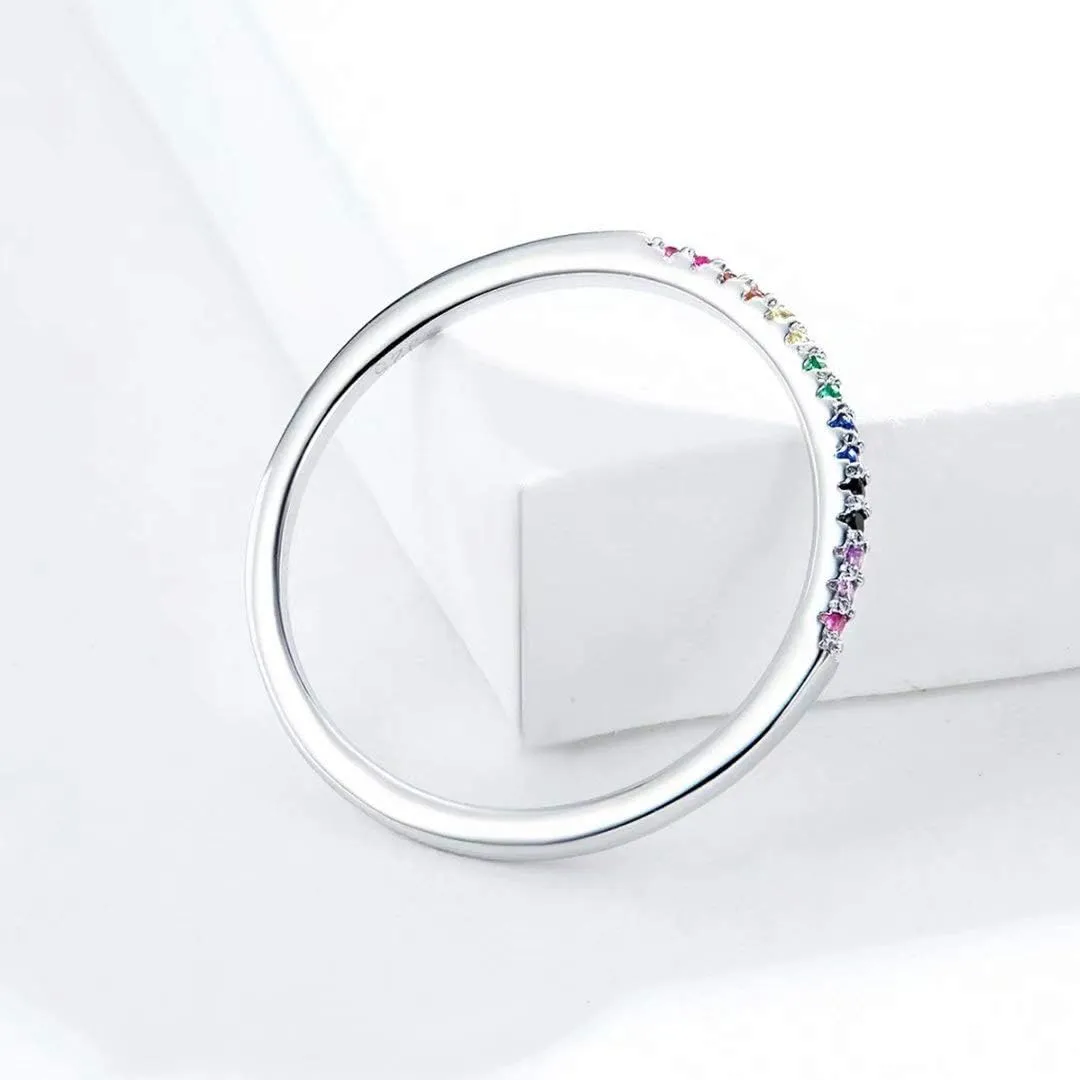 Fashion Rainbow Stackable Ring 925 Sterling Silver Circle Ring Pave Sparking CZ Birthday Gift for Women