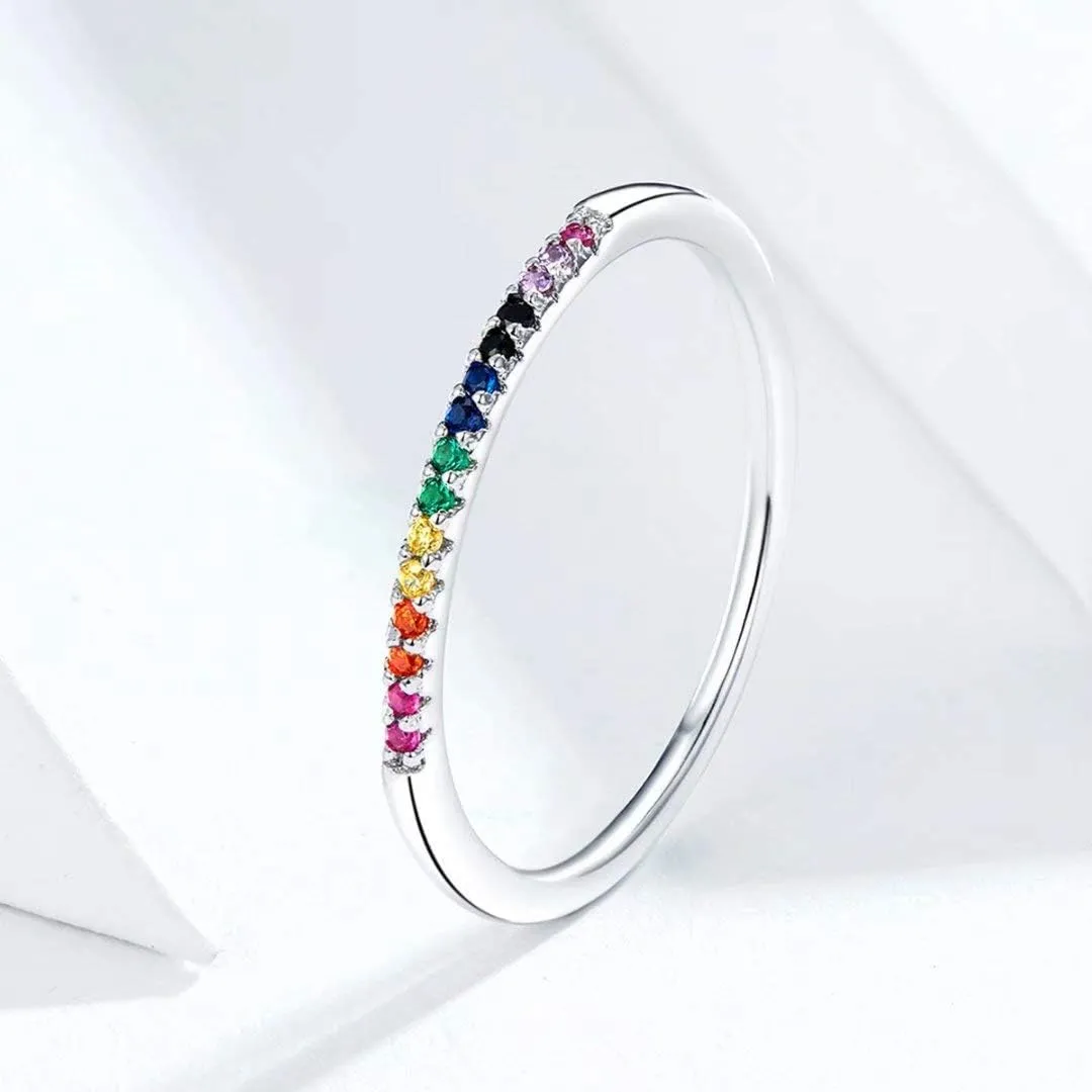 Fashion Rainbow Stackable Ring 925 Sterling Silver Circle Ring Pave Sparking CZ Birthday Gift for Women