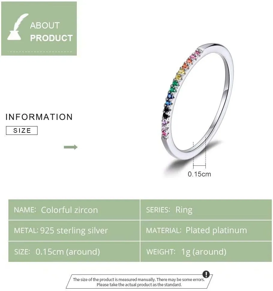 Fashion Rainbow Stackable Ring 925 Sterling Silver Circle Ring Pave Sparking CZ Birthday Gift for Women