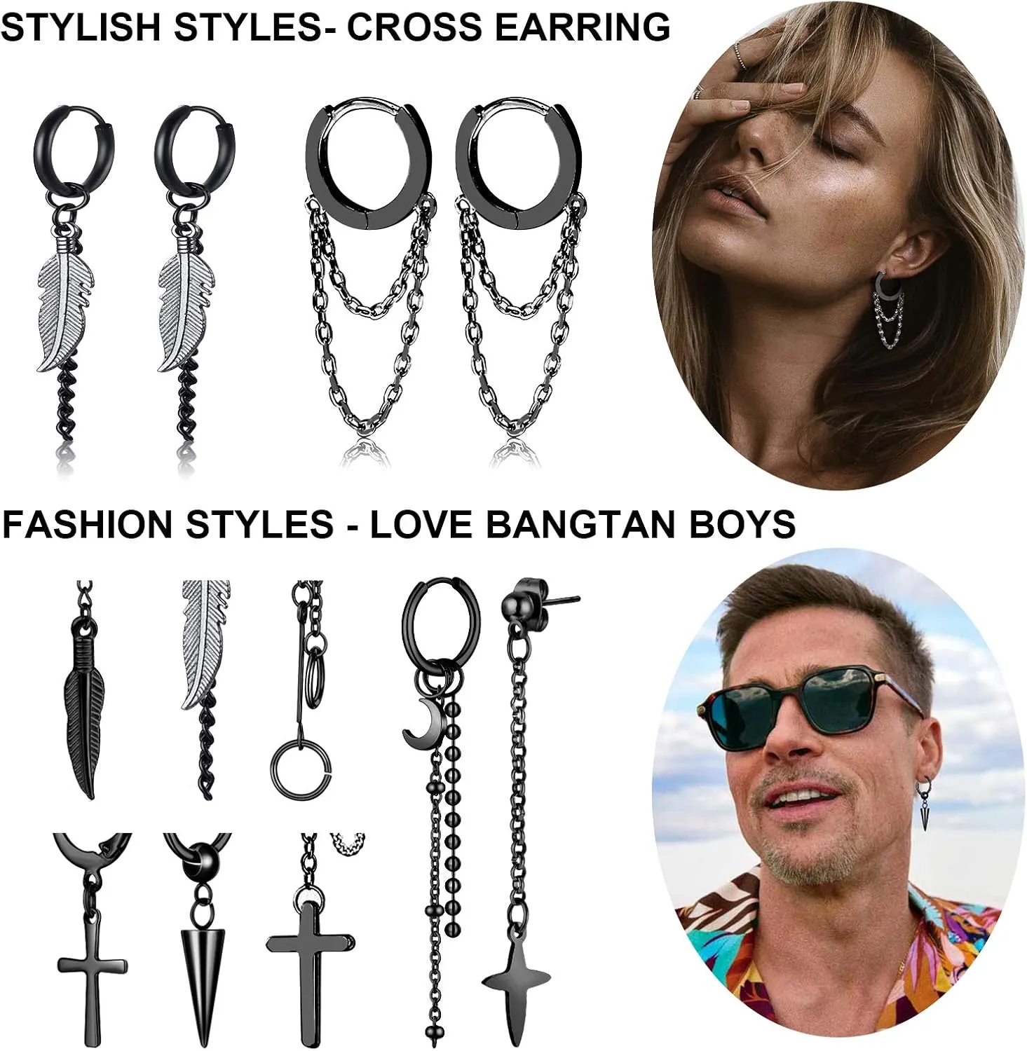 FIFATA 20 Pieces Men Earrings Set - Black Stainless Steel Chain Hoop Earrings Cross Moon and Star Dangle Earrings Piercing Jewelry for Men Women