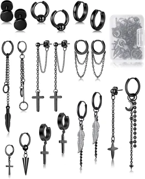 FIFATA 20 Pieces Men Earrings Set - Black Stainless Steel Chain Hoop Earrings Cross Moon and Star Dangle Earrings Piercing Jewelry for Men Women