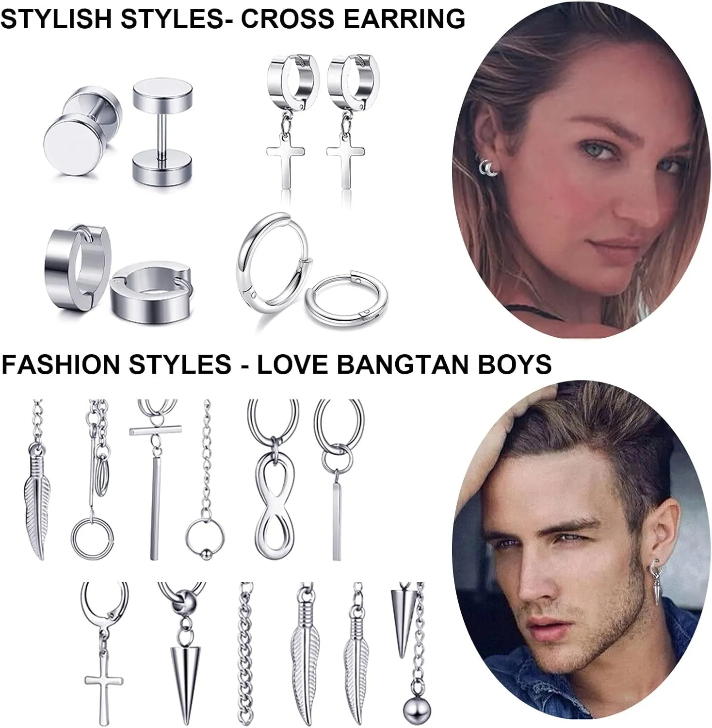 FIFATA Cross Dangle Earrings for Men 20 Pieces, Stainless Steel Stud Hinged Hoop Earrings, Long Chain Kpop Earrings for Women, Black and Silver