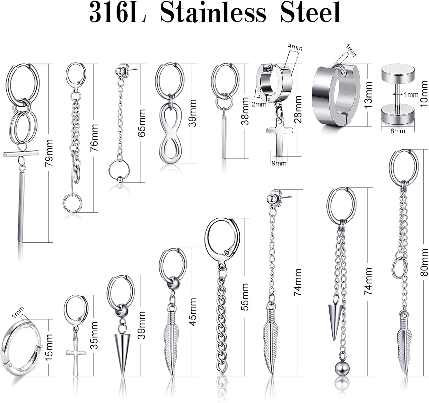 FIFATA Cross Dangle Earrings for Men 20 Pieces, Stainless Steel Stud Hinged Hoop Earrings, Long Chain Kpop Earrings for Women, Black and Silver