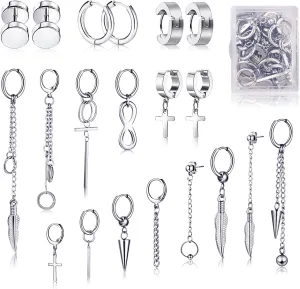 FIFATA Cross Dangle Earrings for Men 20 Pieces, Stainless Steel Stud Hinged Hoop Earrings, Long Chain Kpop Earrings for Women, Black and Silver