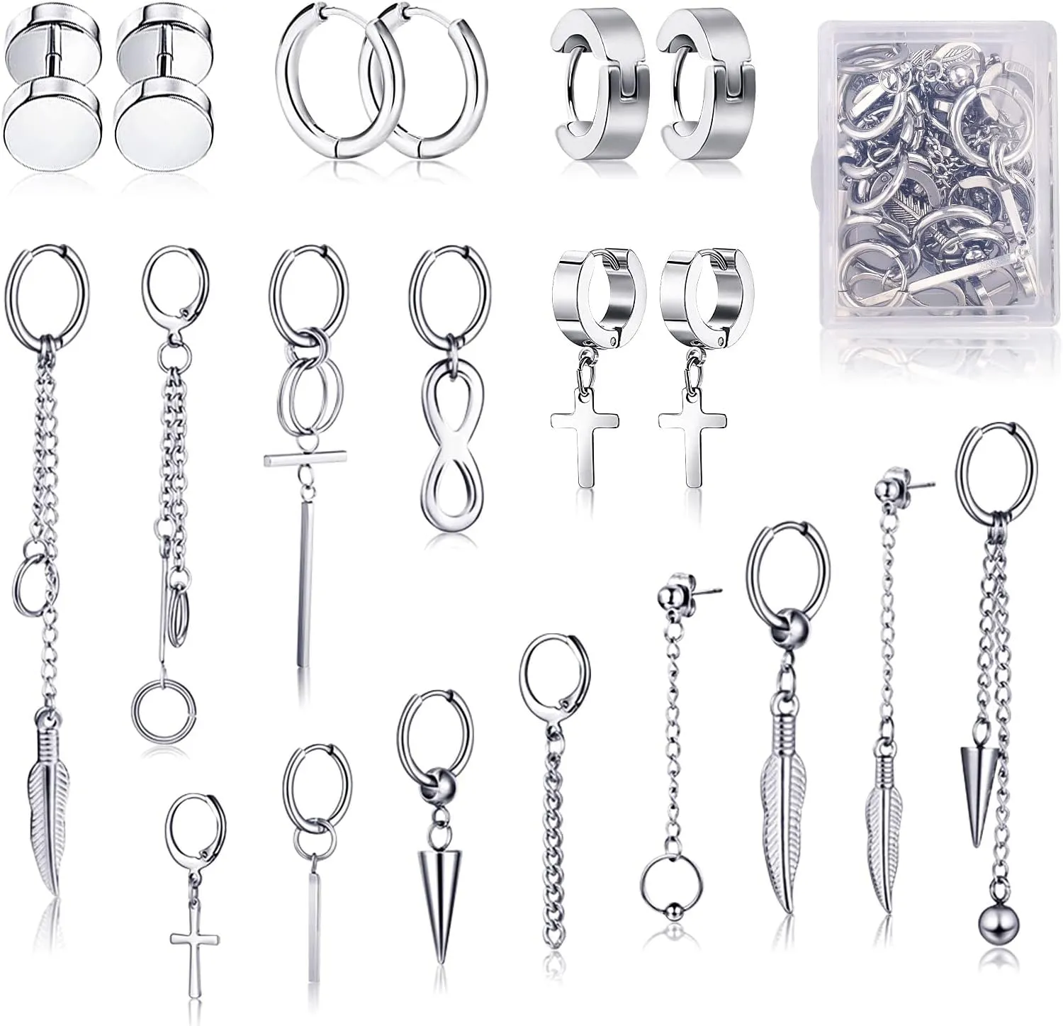 FIFATA Cross Dangle Earrings for Men 20 Pieces, Stainless Steel Stud Hinged Hoop Earrings, Long Chain Kpop Earrings for Women, Black and Silver