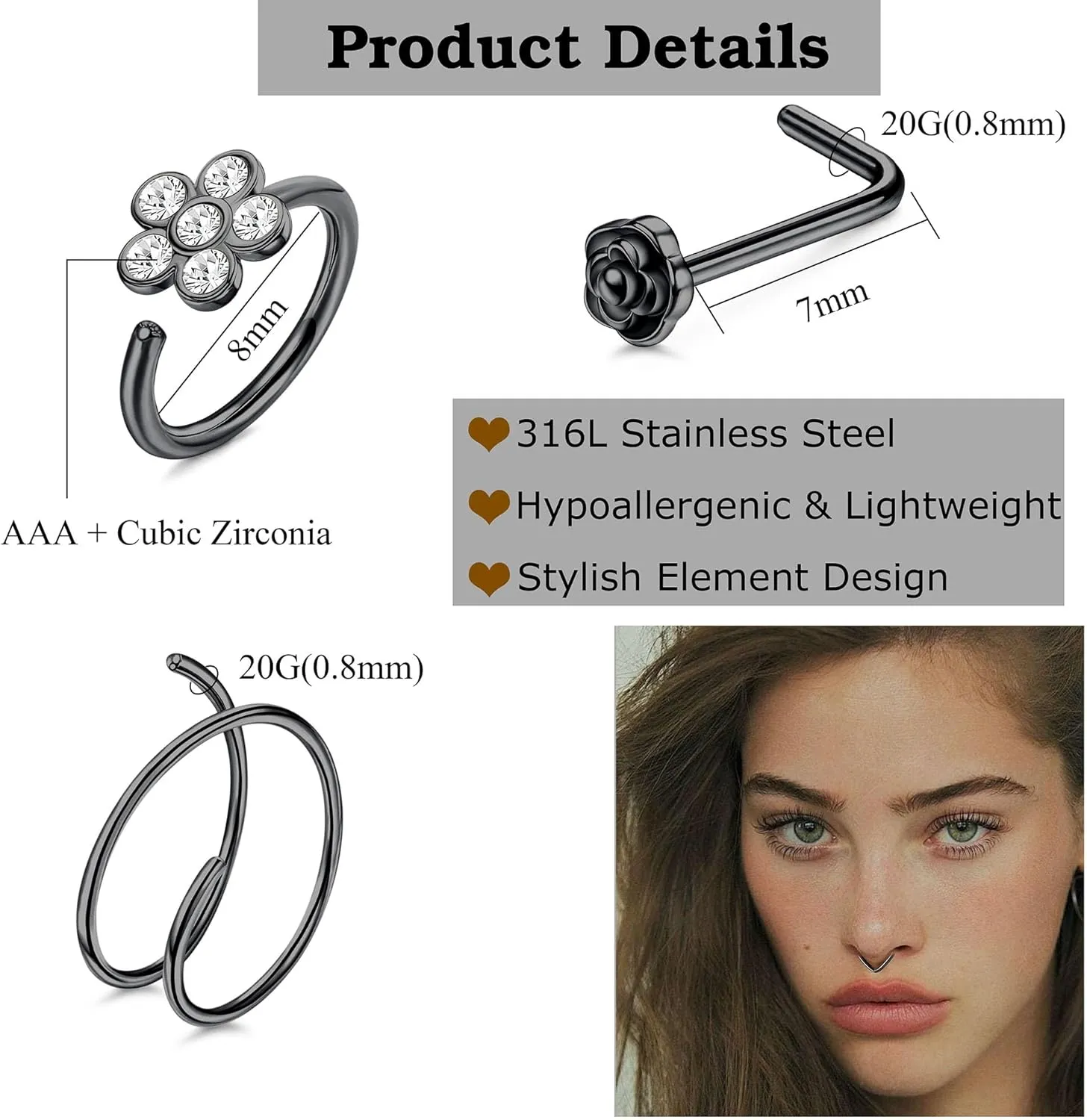 FINREZIO 30Pcs 20G Stainless Steel Nose Rings for Women Men Nose Ring Hoop L Shape Nose Ring Hypoallergenic Nose Piercing Jewelry