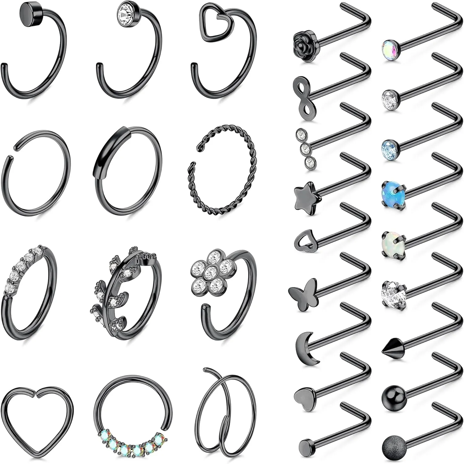 FINREZIO 30Pcs 20G Stainless Steel Nose Rings for Women Men Nose Ring Hoop L Shape Nose Ring Hypoallergenic Nose Piercing Jewelry