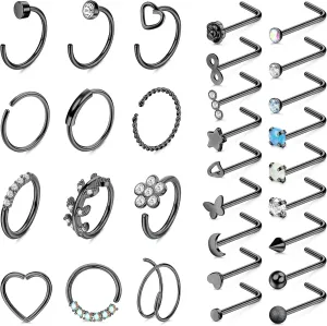FINREZIO 30Pcs 20G Stainless Steel Nose Rings for Women Men Nose Ring Hoop L Shape Nose Ring Hypoallergenic Nose Piercing Jewelry