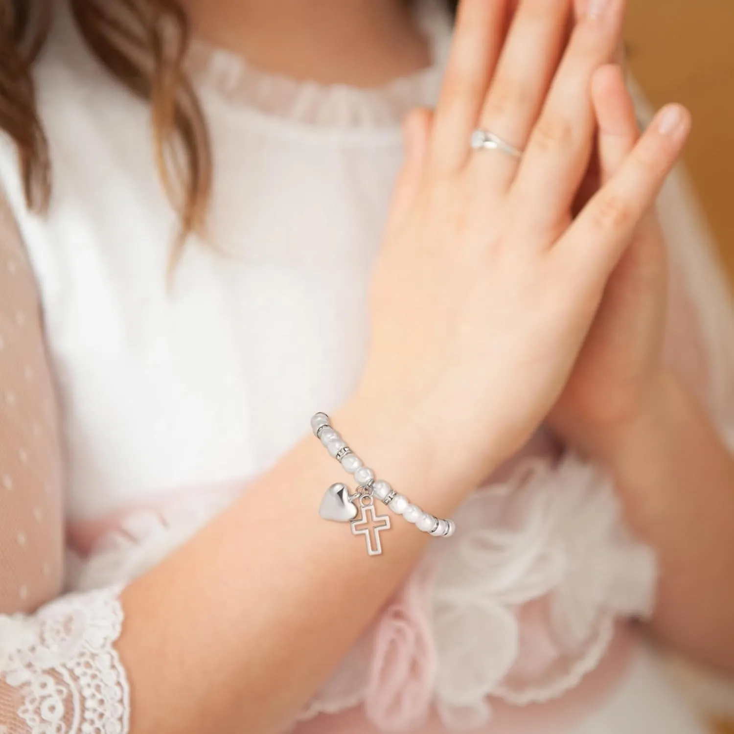 First Communion Gifts for Girls - 14K Whited Gold Plated Cross Heart Bracelet First Baptism Communion Communion Bracelet Gifts for Teen Girls