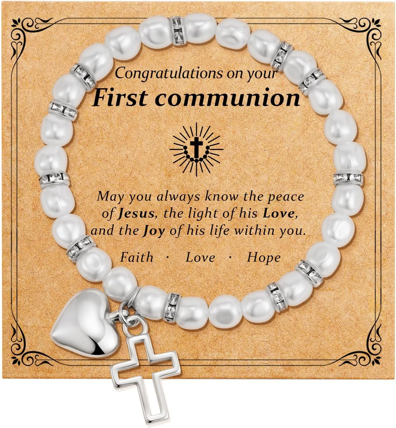 First Communion Gifts for Girls - 14K Whited Gold Plated Cross Heart Bracelet First Baptism Communion Communion Bracelet Gifts for Teen Girls