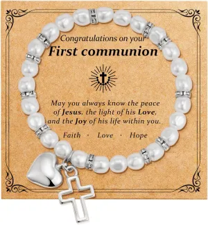 First Communion Gifts for Girls - 14K Whited Gold Plated Cross Heart Bracelet First Baptism Communion Communion Bracelet Gifts for Teen Girls