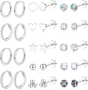 Flat Back Stud Cartilage Earrings for Women Surgical Stainless Steel Earring Sets Stack for Sensitive Ears Multiple Piercing Silver Screw Back