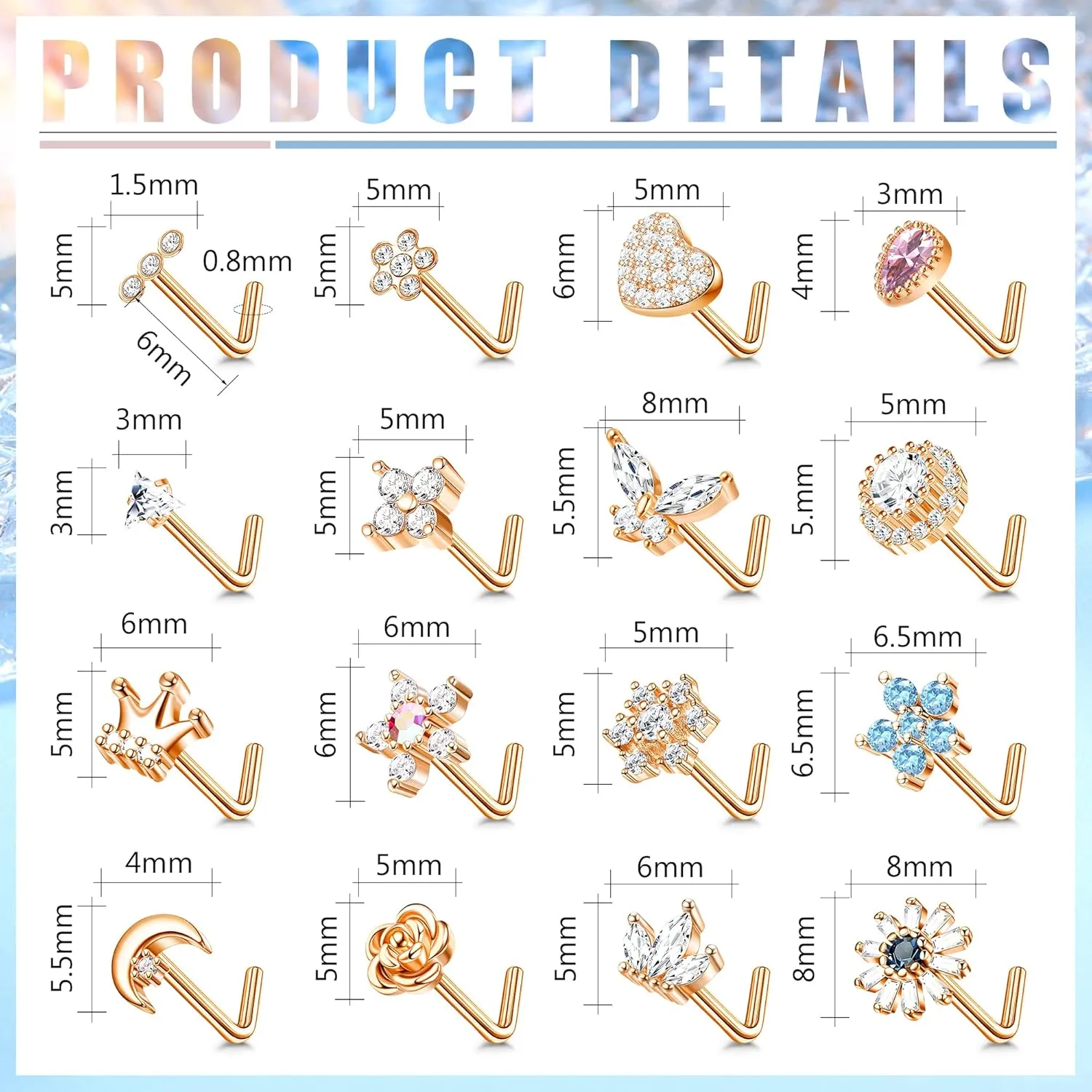 Florideco 16Pcs 20g Nose Stud Rings L Shape Nose Studs Stainless Steel Cubic Zirconia Butterfly Flower Crown Shape Nose Studs Piercing Jewelry for Women Men