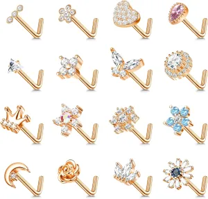 Florideco 16Pcs 20g Nose Stud Rings L Shape Nose Studs Stainless Steel Cubic Zirconia Butterfly Flower Crown Shape Nose Studs Piercing Jewelry for Women Men