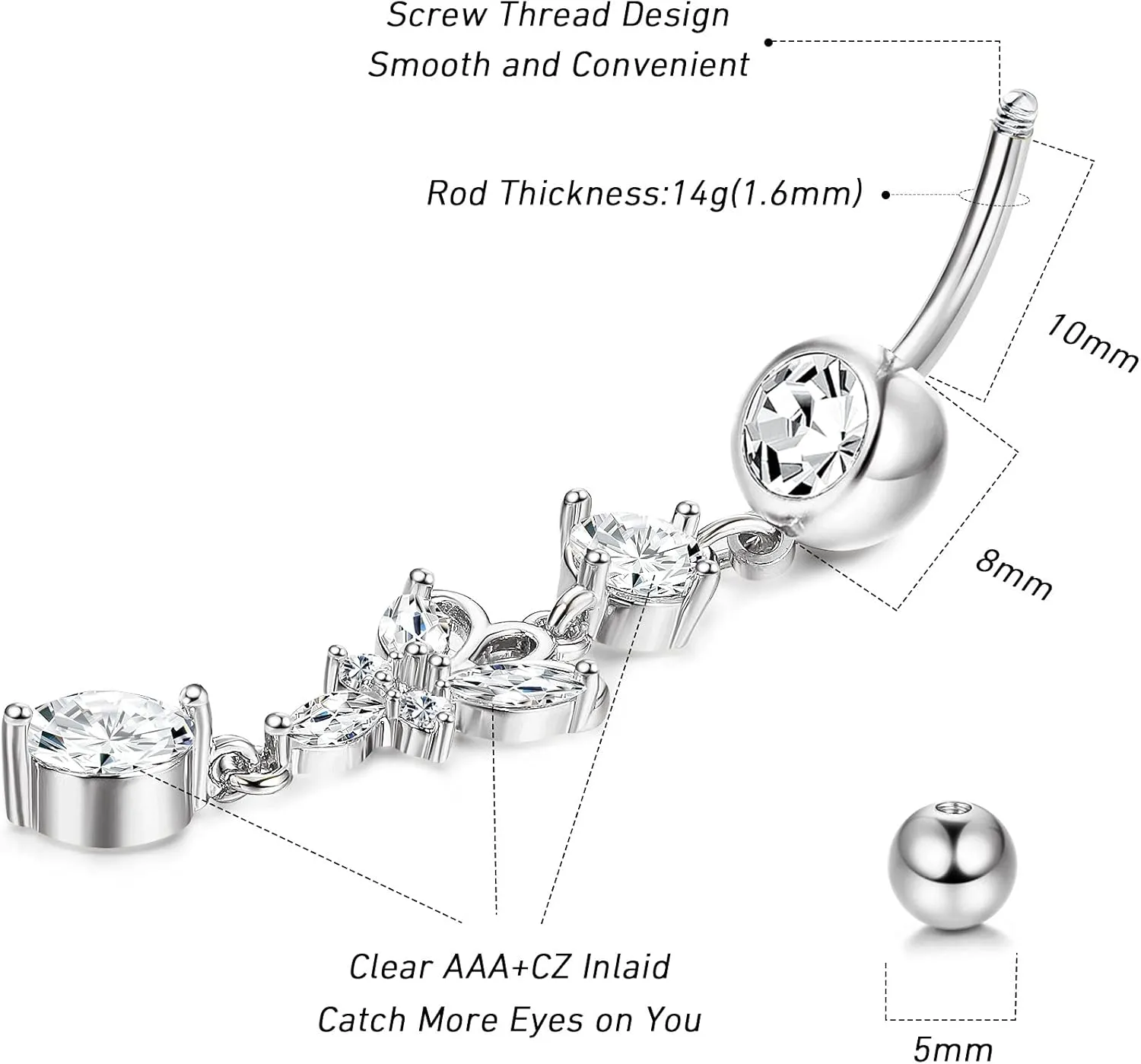 Florideco 7Pcs 14g Belly Button Rings Dangle 316L Surgical Steel CZ Navel Ring Barbell for Women Body Piercing Jewelry Silver/Gold/Rose Gold