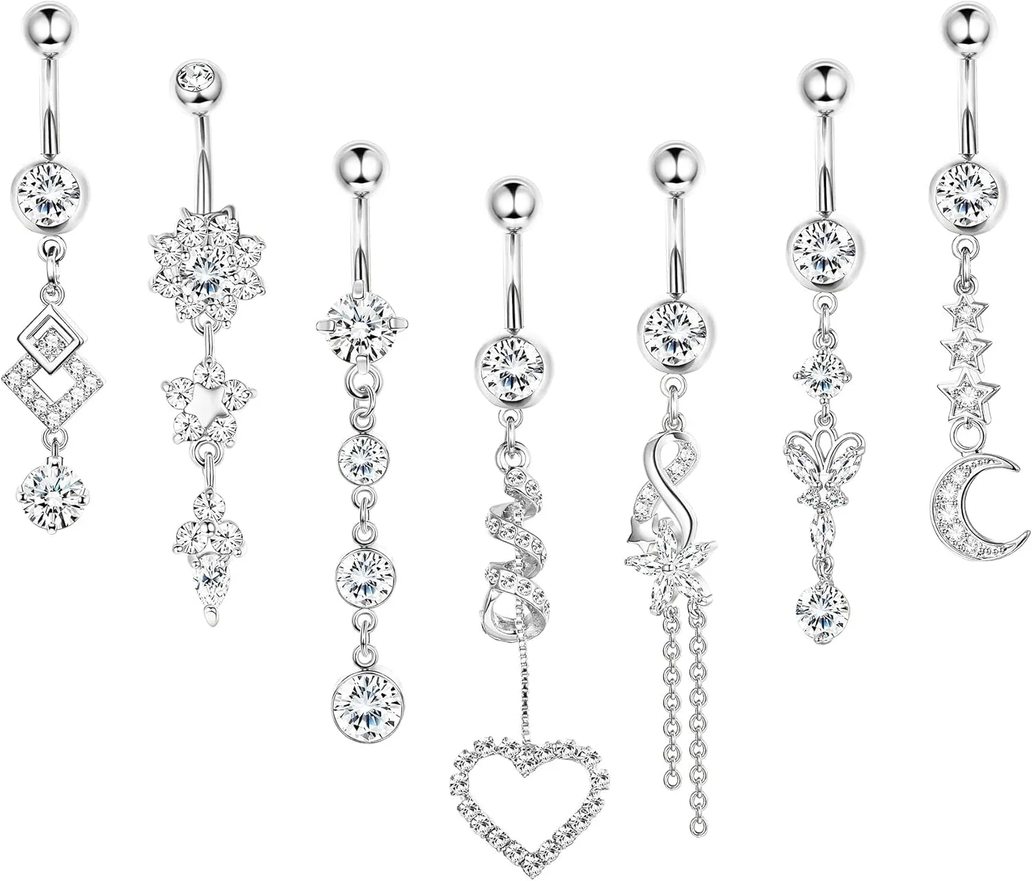 Florideco 7Pcs 14g Belly Button Rings Dangle 316L Surgical Steel CZ Navel Ring Barbell for Women Body Piercing Jewelry Silver/Gold/Rose Gold