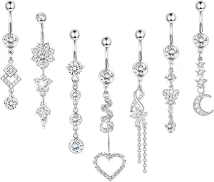 Florideco 7Pcs 14g Belly Button Rings Dangle 316L Surgical Steel CZ Navel Ring Barbell for Women Body Piercing Jewelry Silver/Gold/Rose Gold