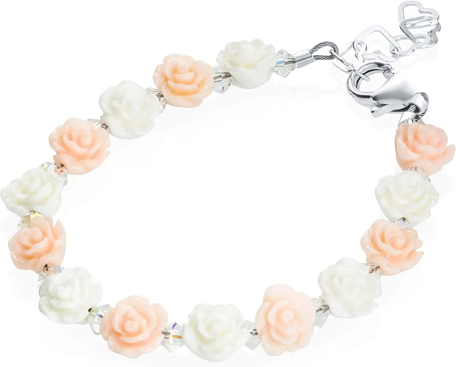 Flower Girl Pink, White Mini Flower Beads with Clear European Crystals Baby Bracelet (BFLPW)