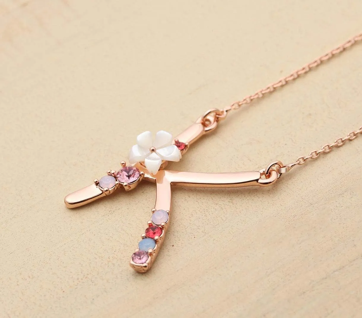 Flower Initial Letter Necklace Pink Red Blue Simulated Pearl Pendant Name Jewelry Made with Austrian Crystals Rose Gold Plated Anniversary Birthday Gifts for Women,18" 2"