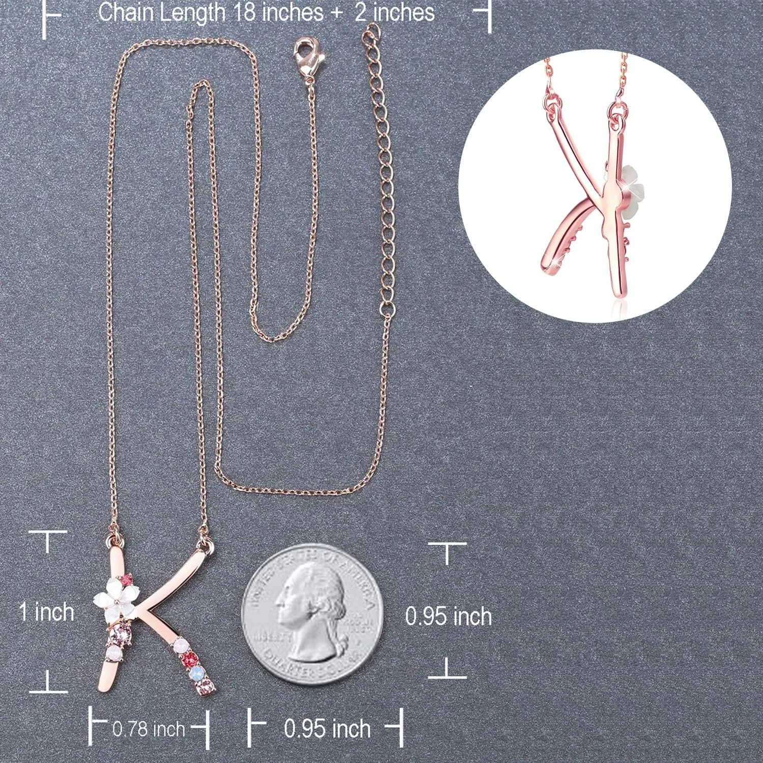 Flower Initial Letter Necklace Pink Red Blue Simulated Pearl Pendant Name Jewelry Made with Austrian Crystals Rose Gold Plated Anniversary Birthday Gifts for Women,18" 2"
