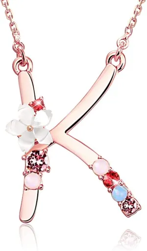 Flower Initial Letter Necklace Pink Red Blue Simulated Pearl Pendant Name Jewelry Made with Austrian Crystals Rose Gold Plated Anniversary Birthday Gifts for Women,18" 2"