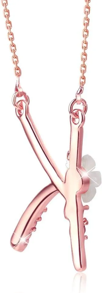 Flower Initial Letter Necklace Pink Red Blue Simulated Pearl Pendant Name Jewelry Made with Austrian Crystals Rose Gold Plated Anniversary Birthday Gifts for Women,18" 2"