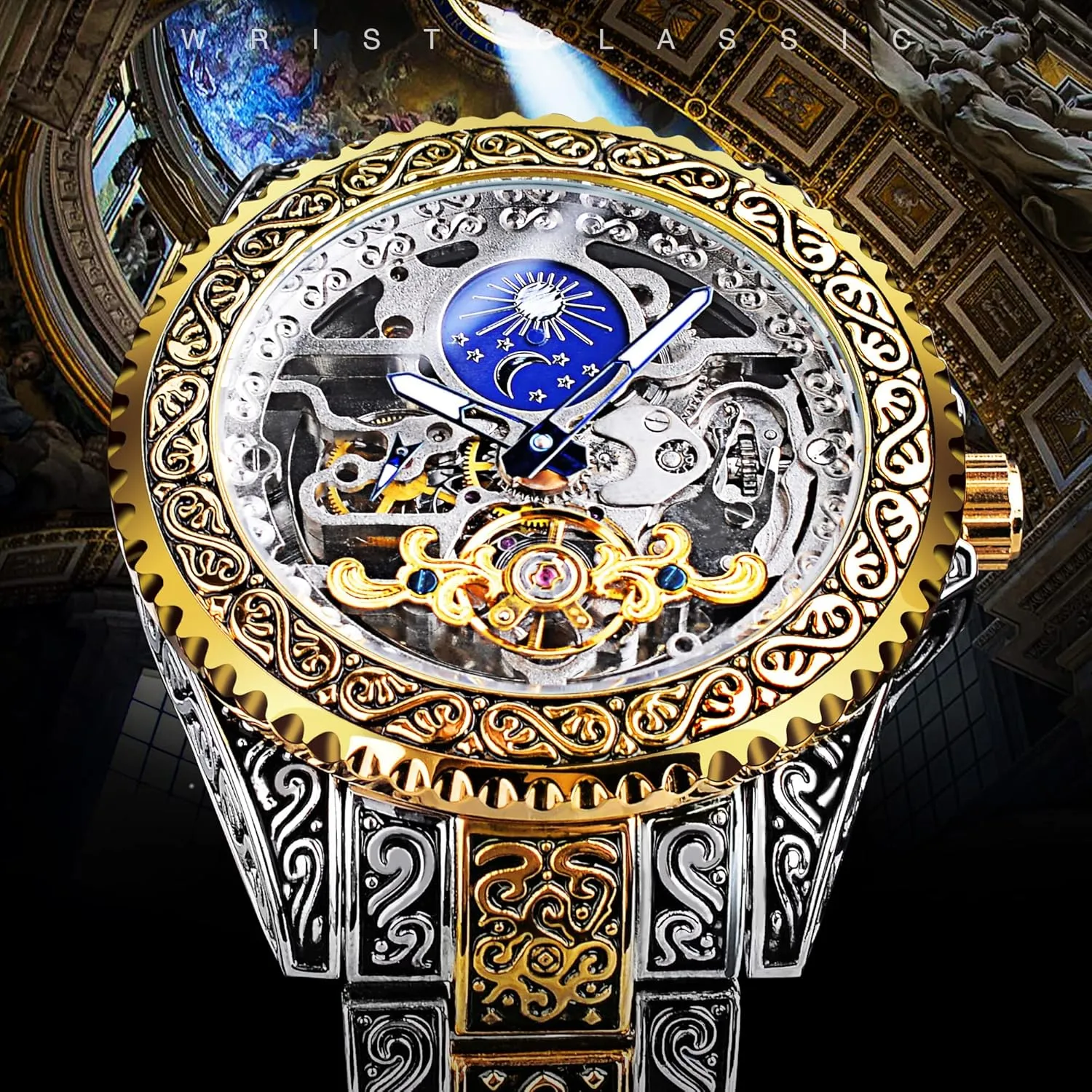 FORSINING Vintage Watch for Men Engraved Automatic Self-Wind Mechanical Big Dial Luminous Moon Phase Golden Hollow Tattoo Pattern Wrist Watches, Mechanical