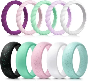 Forthee 10 Pack Silicone Wedding Ring for Women, Thin and Braided Rubber Band, Fashion, Colorful, Comfortable fit, Skin Safe
