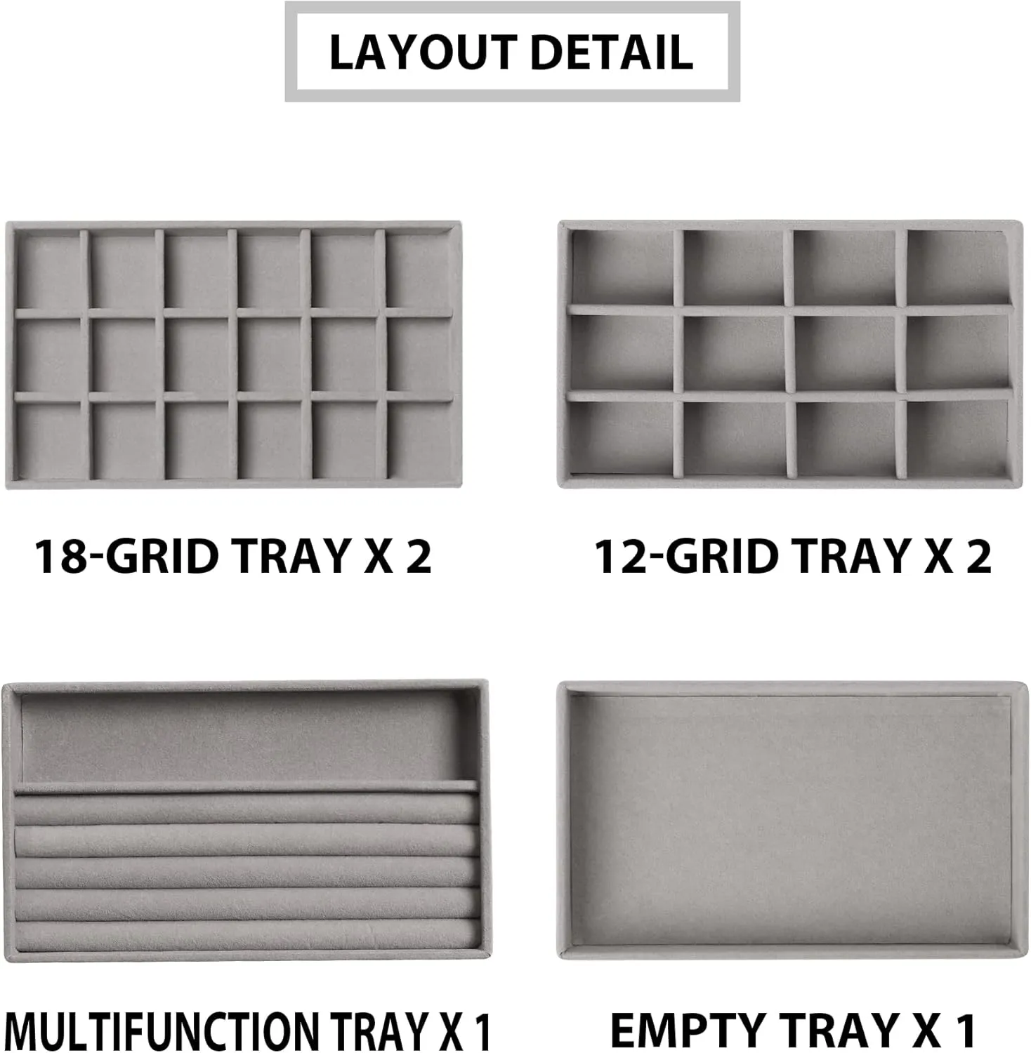 Frebeauty Jewelry Organizer Tray,Stackable Velvet Jewelry Trays,Drawer Inserts Earring Organizer For Women Jewelry Storage Display Case for Rings Stud Necklaces,Set of 6(Grey)