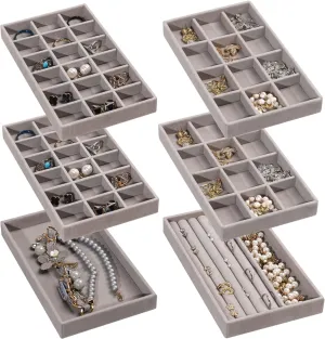 Frebeauty Jewelry Organizer Tray,Stackable Velvet Jewelry Trays,Drawer Inserts Earring Organizer For Women Jewelry Storage Display Case for Rings Stud Necklaces,Set of 6(Grey)