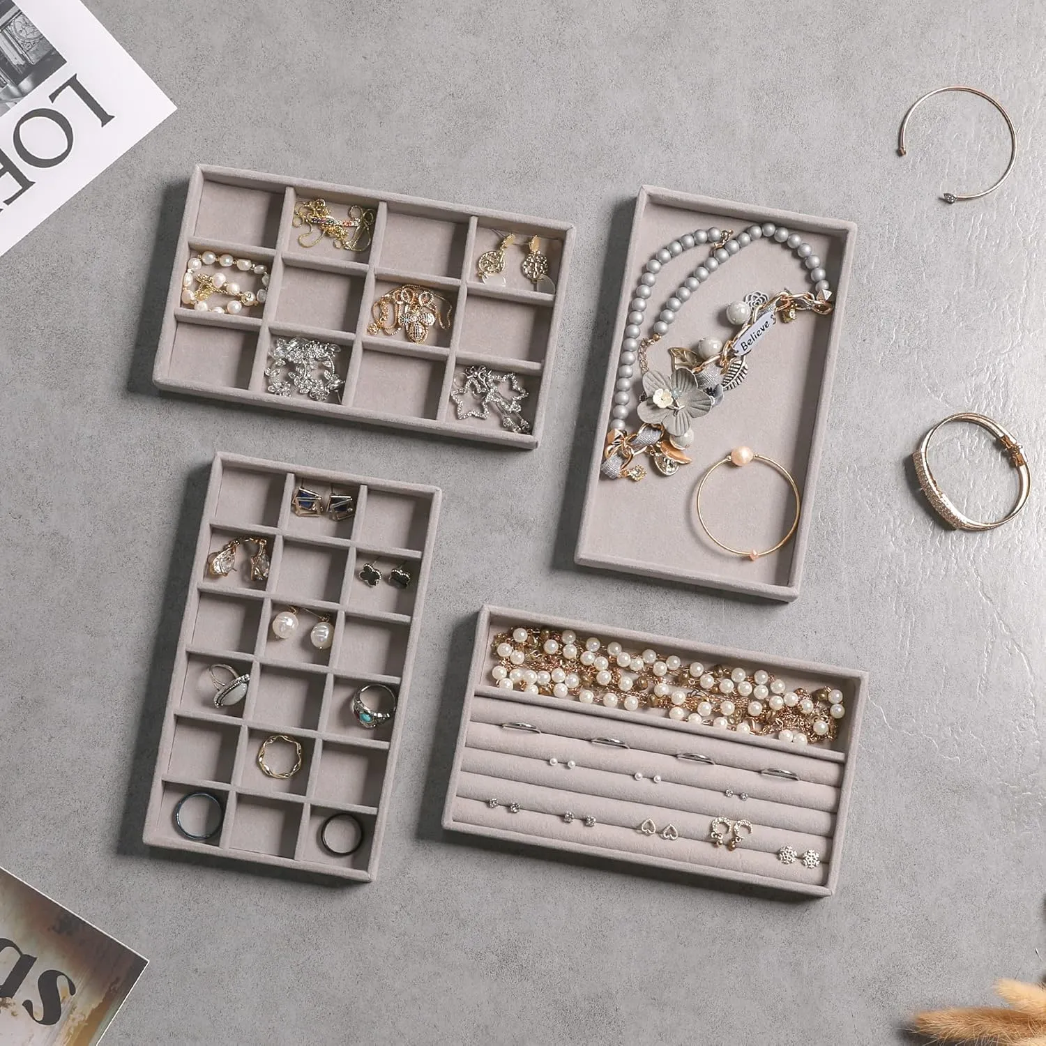 Frebeauty Jewelry Organizer Tray,Stackable Velvet Jewelry Trays,Drawer Inserts Earring Organizer For Women Jewelry Storage Display Case for Rings Stud Necklaces,Set of 6(Grey)