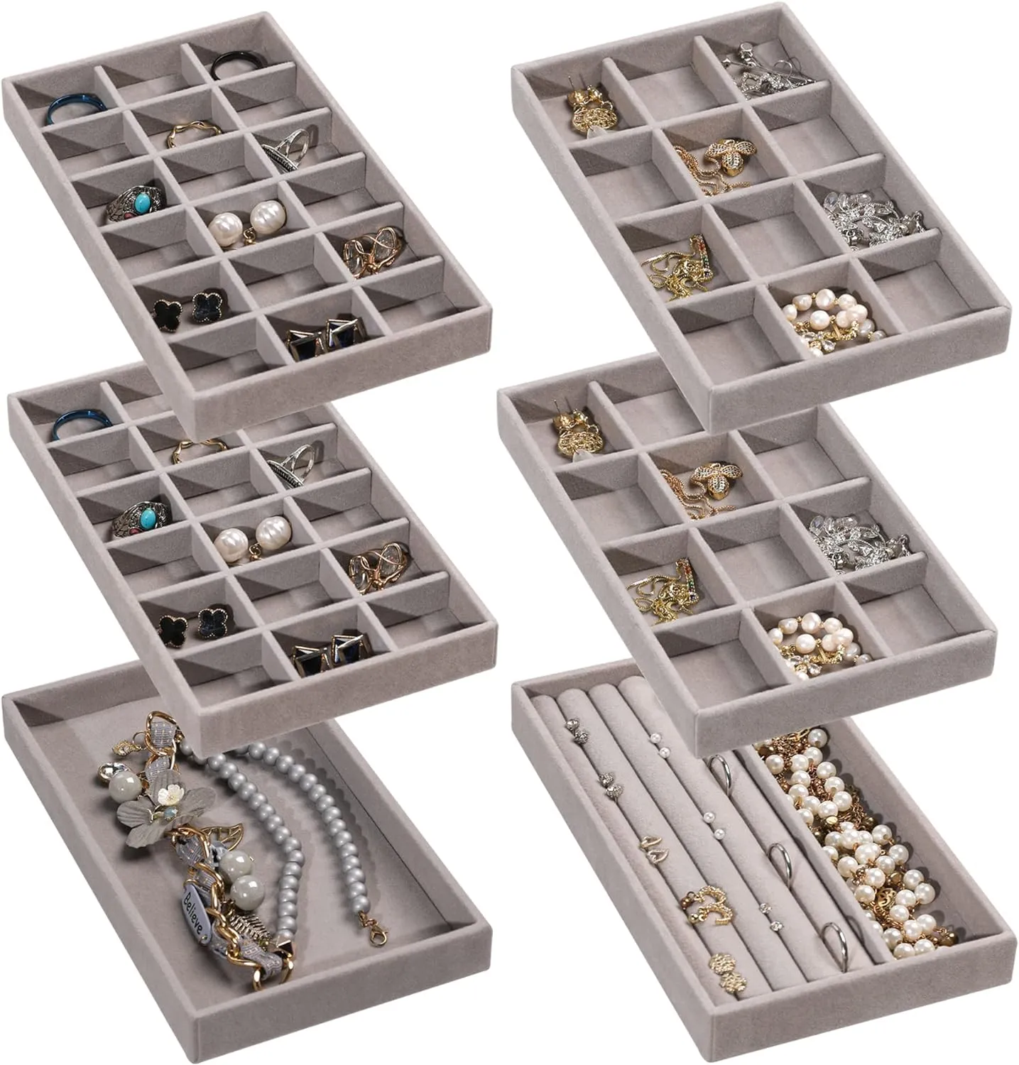 Frebeauty Jewelry Organizer Tray,Stackable Velvet Jewelry Trays,Drawer Inserts Earring Organizer For Women Jewelry Storage Display Case for Rings Stud Necklaces,Set of 6(Grey)
