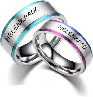 Free Custom Engraved Couple Ring Rainbow Colorful Gold Plated Bevel/Grooved Edge Heart Puzzle Stianless Steel Couples Rings Set Wedding Engagement Band