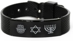 Friendship Bracelet to Jewish Prayer, Jewish Star of David, Jewish Fashion Jewelry for Friends, Black Shark Mesh Bracelet