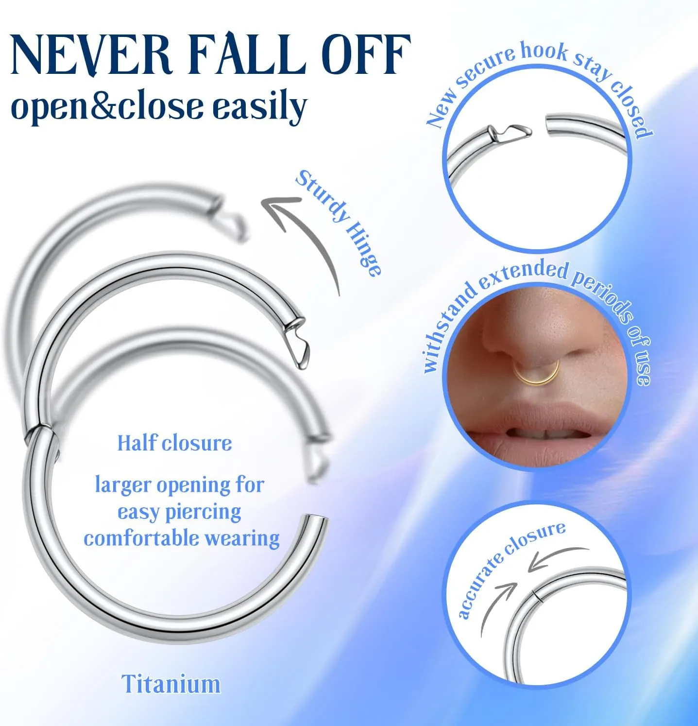 FUNLMO 2pcs Titanium Half Closure New Secure Hook Hinge Segment Ring for Nose Septum Conch Daith Helix Tragus Rook Cartilage Piercing 18G 16G 6mm to12mm