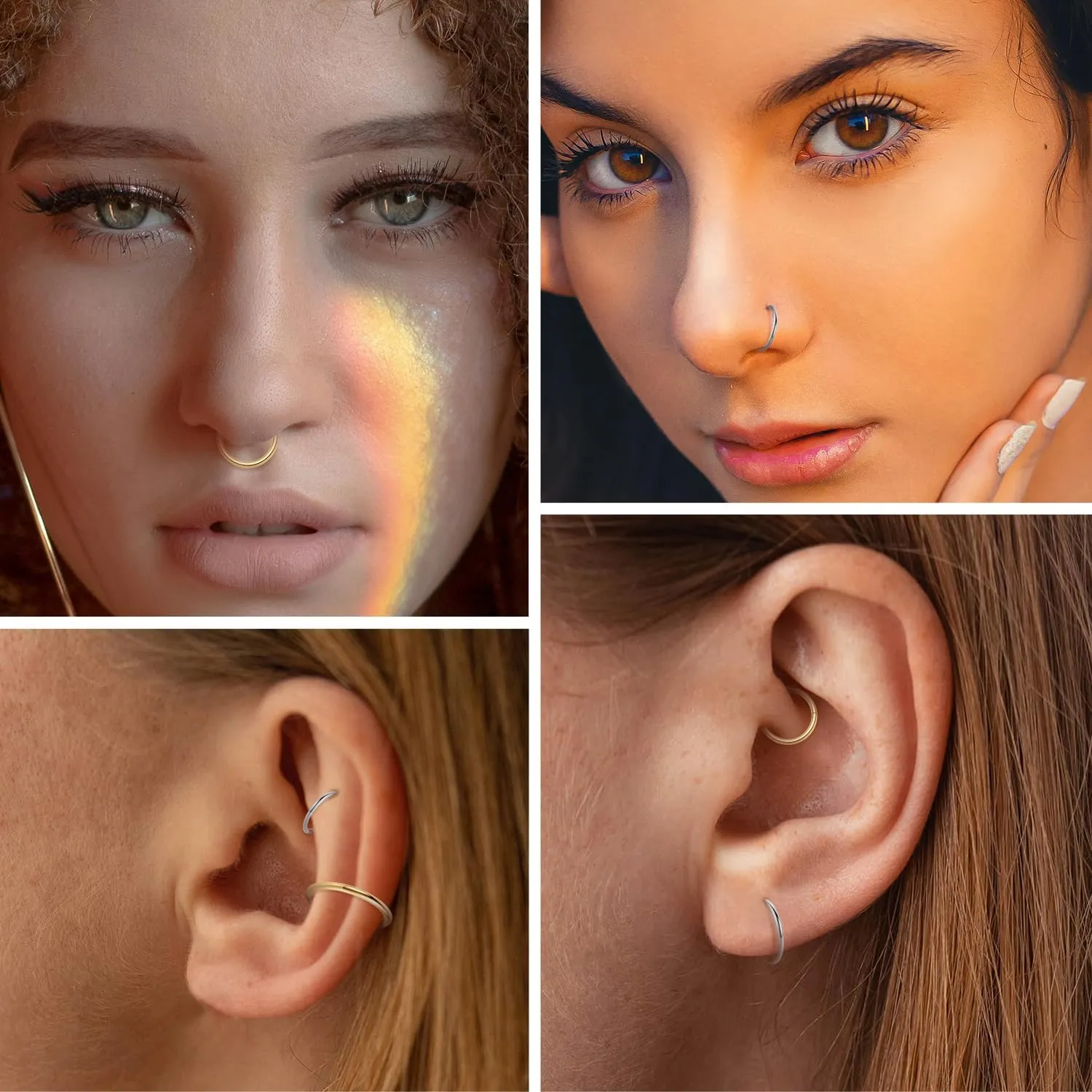 FUNLMO 3pcs Titanium Hinge Segment Ring for Nose Septum Conch Daith Helix Tragus Rook Cartilage Piercing Half Closure New Secure Hook 18G 16G 6mm to 12mm