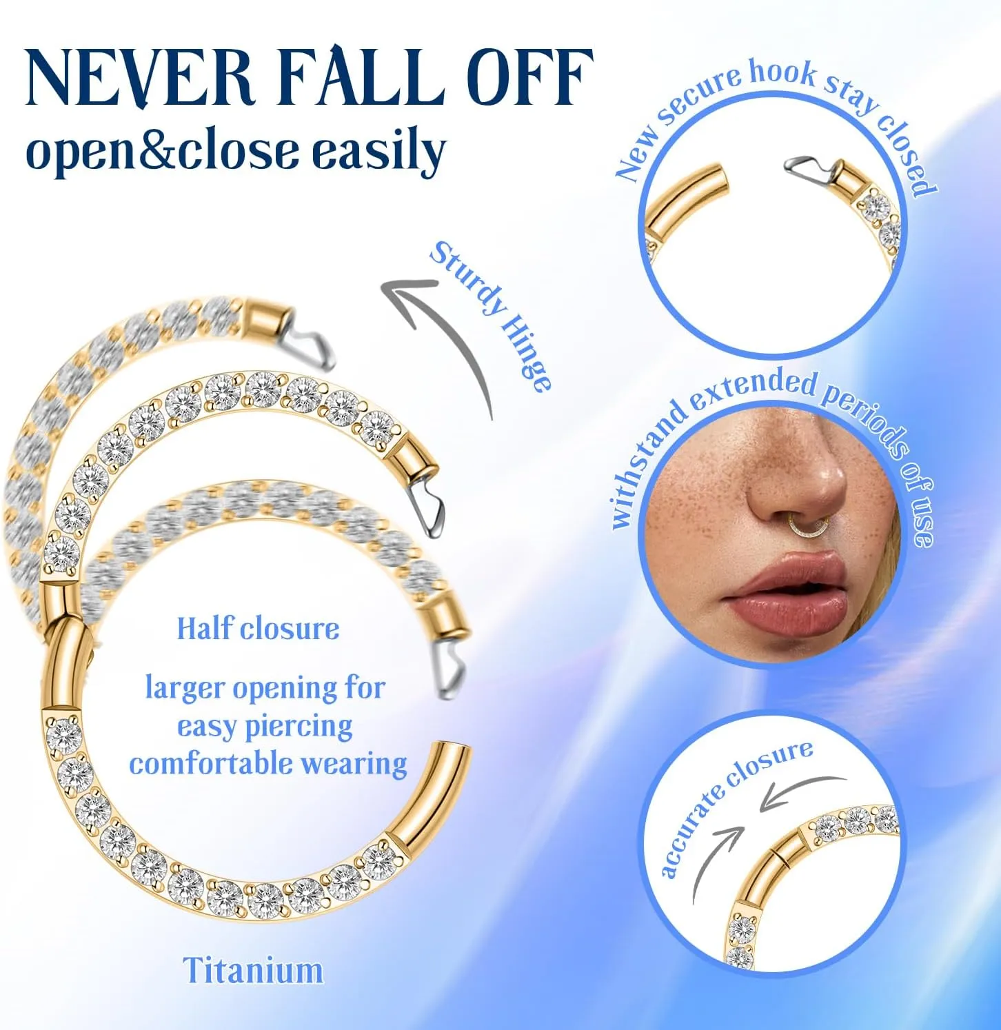 FUNLMO Titanium Nose Ring Hoop Septum Daith Helix Tragus Rook Cartilage Piercing Jewelry Half Closure Secure Hook Hinge Segment Ring 16G 6mm to 10mm