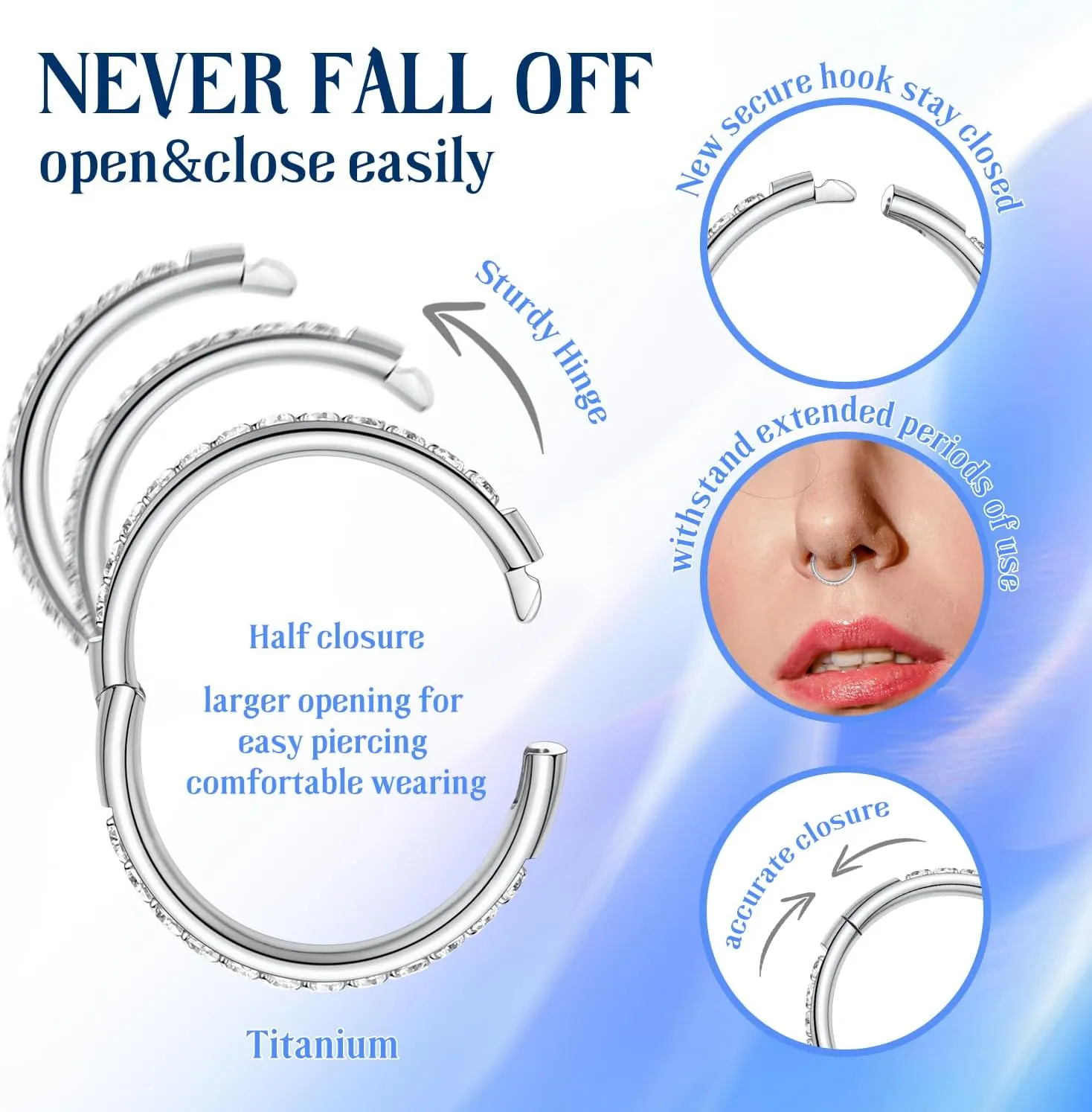 FUNLMO Titanium Nose Ring Hoop Septum Daith Helix Tragus Rook Cartilage Piercing Jewelry Half Closure Secure Hook Hinge Segment Ring 16G 6mm to 10mm