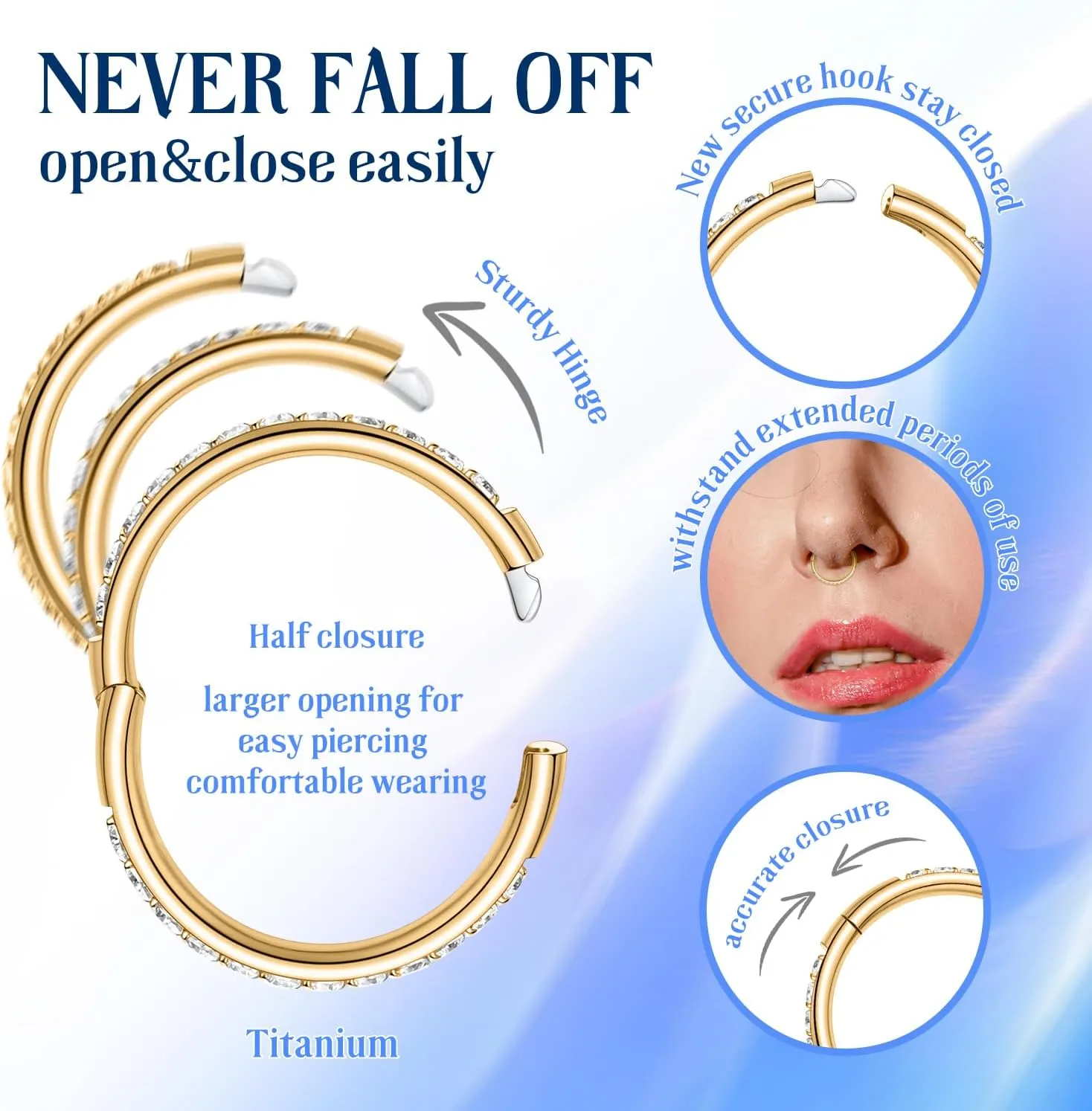 FUNLMO Titanium Nose Ring Hoop Septum Daith Helix Tragus Rook Cartilage Piercing Jewelry Half Closure Secure Hook Hinge Segment Ring 16G 6mm to 10mm