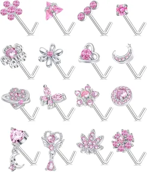 Fxiqini 16Pcs Nose Rings L Shaped Nose Studs Stainless Steel Pink CZ Butterfly Flower Leaf Planet Triangle Heart Moon Star Dangle Body Piercing Jewelry for Women Men 20G Gold Silver tone