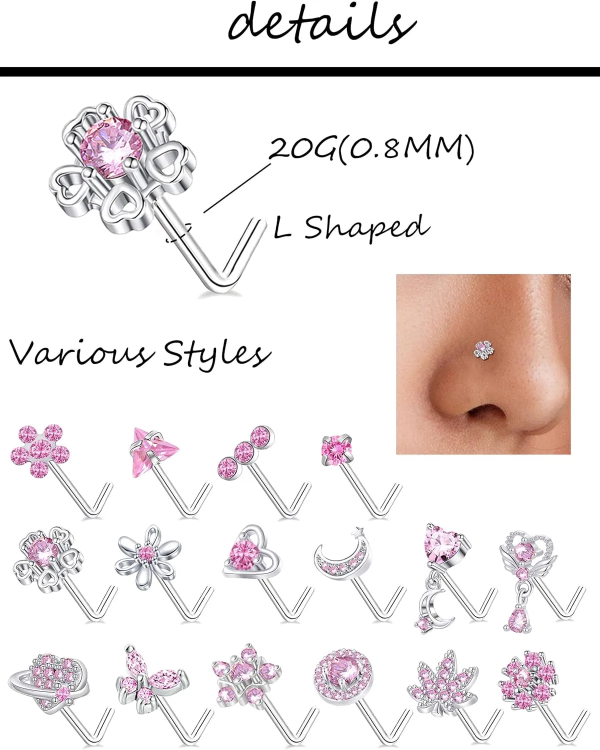 Fxiqini 16Pcs Nose Rings L Shaped Nose Studs Stainless Steel Pink CZ Butterfly Flower Leaf Planet Triangle Heart Moon Star Dangle Body Piercing Jewelry for Women Men 20G Gold Silver tone
