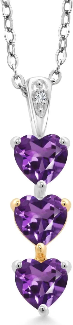 Gem Stone King 1.27 Cttw 5MM Purple Amethyst and White Lab Grown Diamond 3-Stone Heart Shape Pendant Necklace For Women By Keren Hanan | 925 Silver and 10K Yellow Gold | With 18 Inch Chain