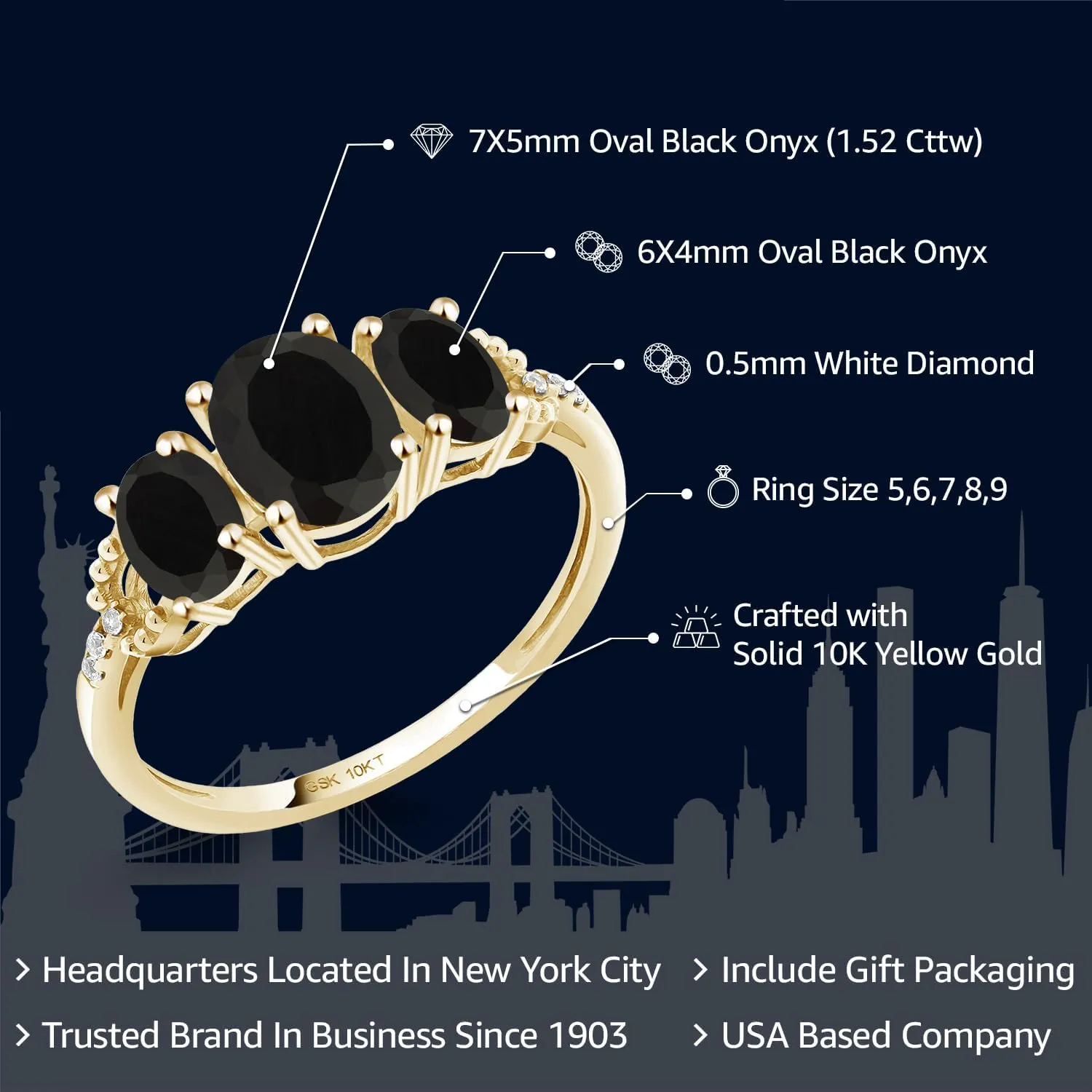Gem Stone King 1.52 Cttw 10K Yellow Gold Oval Black Onyx and Diamond Accent 3-Stone Engagement Ring | 3 Stone Wedding Anniversary Promise Ring For Women | Size 5,6,7,8,9