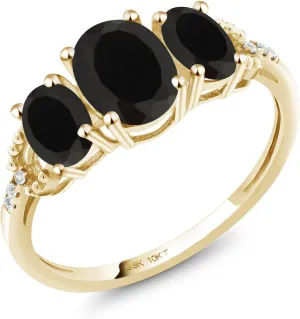 Gem Stone King 1.52 Cttw 10K Yellow Gold Oval Black Onyx and Diamond Accent 3-Stone Engagement Ring | 3 Stone Wedding Anniversary Promise Ring For Women | Size 5,6,7,8,9