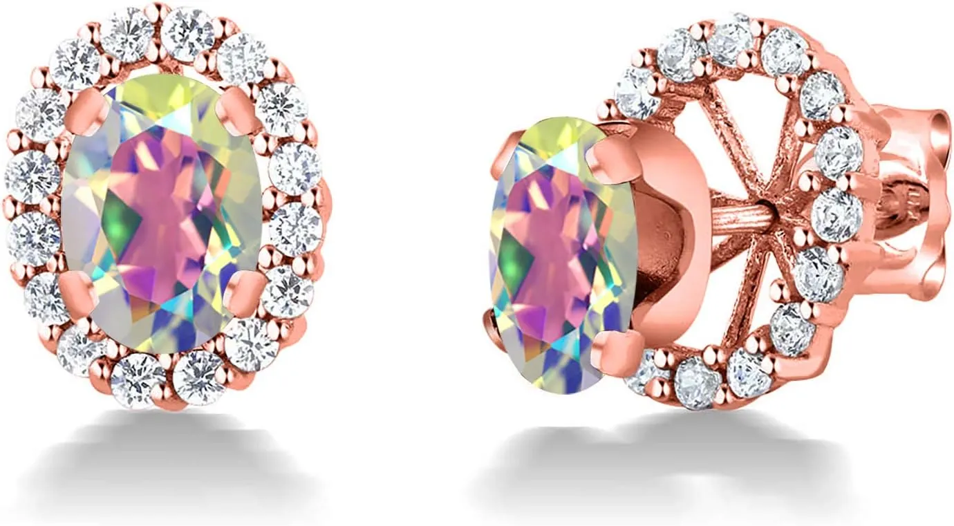 Gem Stone King 18K Rose Gold Plated Silver Oval Mercury Mist Mystic Topaz Removable Jacket Stud Earrings For Women | Oval 7X5MM | 2.00 Cttw