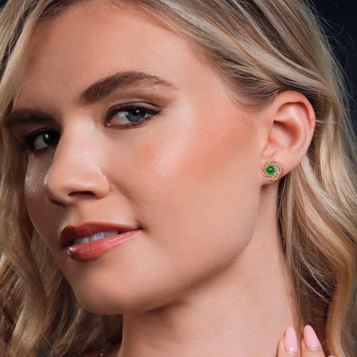 Gem Stone King 18K Rose Gold Plated Silver Round 6MM Gemstone Birthstone Stud Earrings with White Moissanite Removable Earrings Jackets For Women