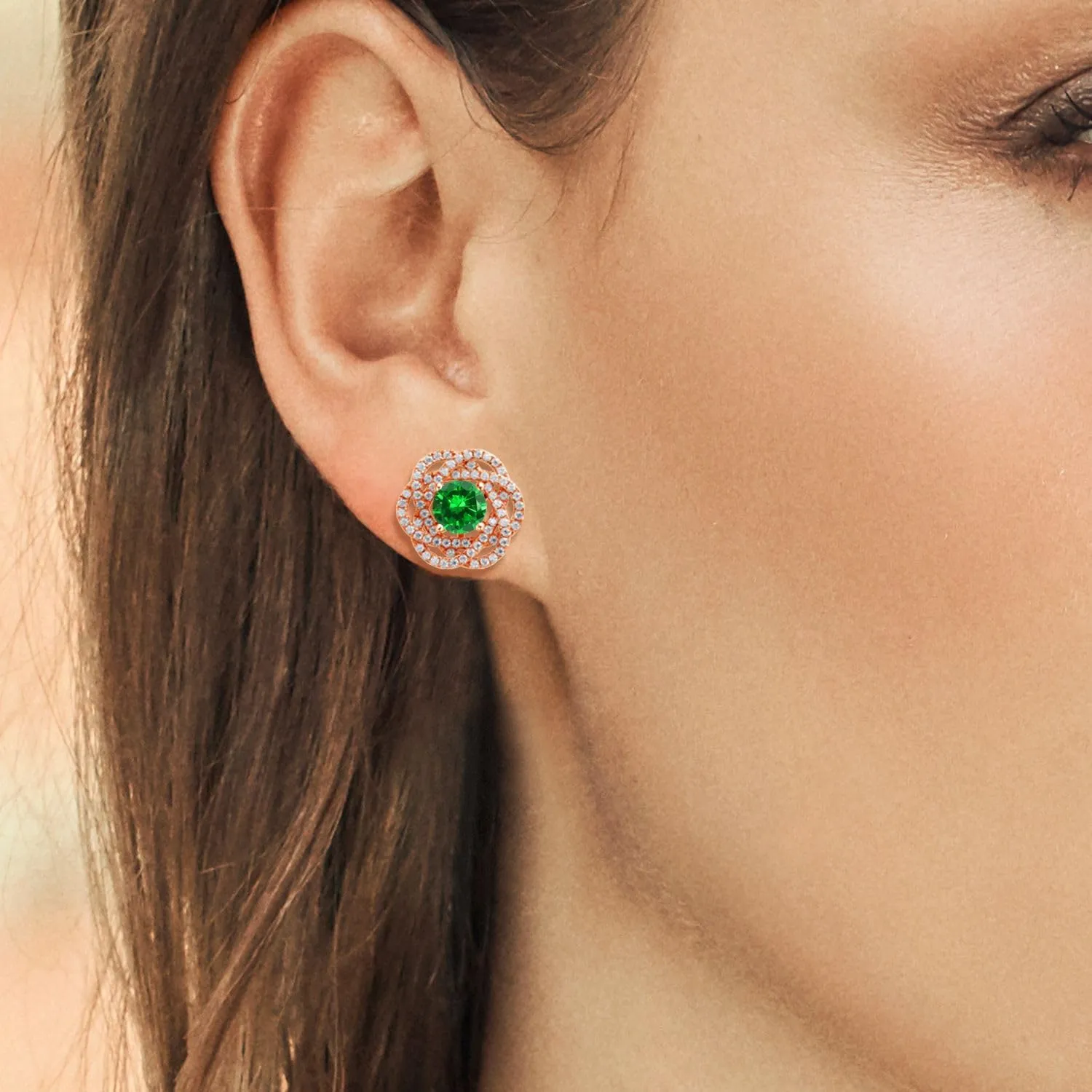 Gem Stone King 18K Rose Gold Plated Silver Round 6MM Gemstone Birthstone Stud Earrings with White Moissanite Removable Earrings Jackets For Women