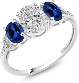 Gem Stone King 2.22 Cttw 10K White Gold IGI Certified Lab Grown Diamond and Blue Created Sapphire 3-Stone Engagement Ring | Center Oval Diamond 1.00 Ct | E-F Color | VS1-VS2 Clarity | Size 5,6,7,8,9